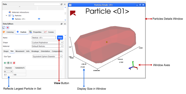 Particles Details window overview when used to preview a particle shape