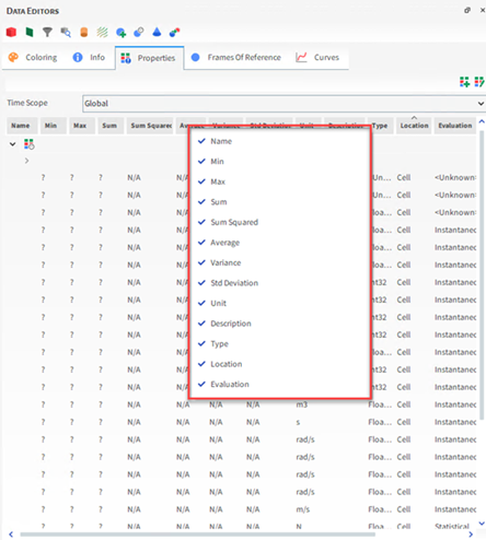 Example Properties tab showing all available data columns