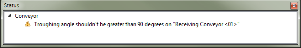 Warning provided in Status panel when Troughing Angle value is above the recommended maximum