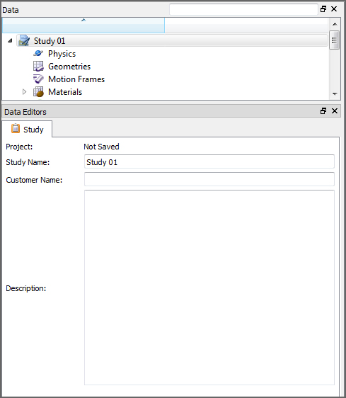 Study parameters in the Data Editors panel (default, unsaved project)