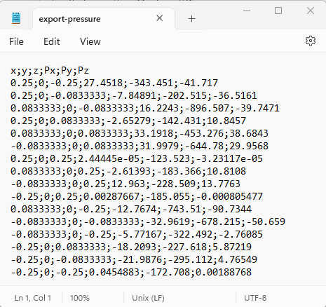 Example of pressure exported CSV file