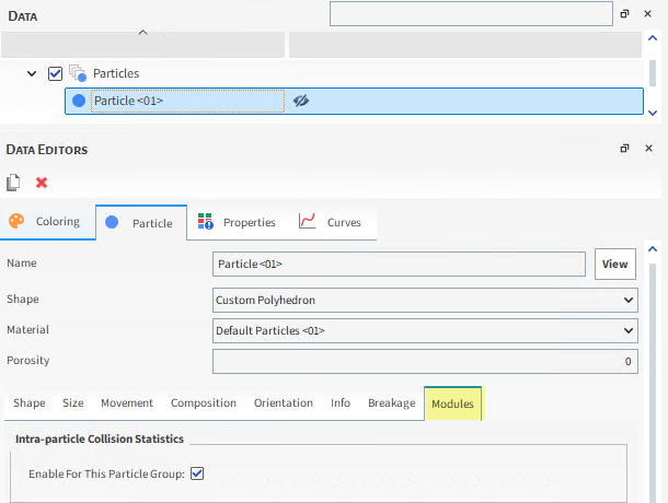 Particle | Modules sub-tab available when Enable per Group Statistics is selected