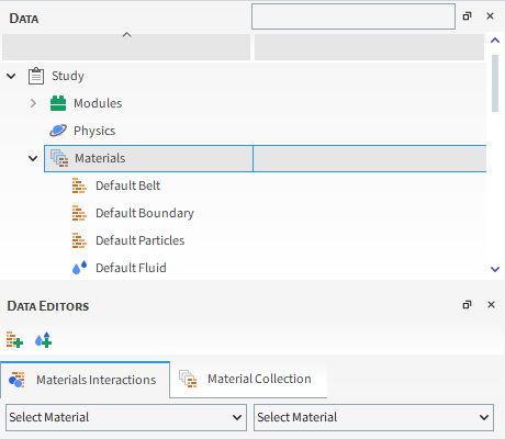 Materials parameters in the Data Editors panel