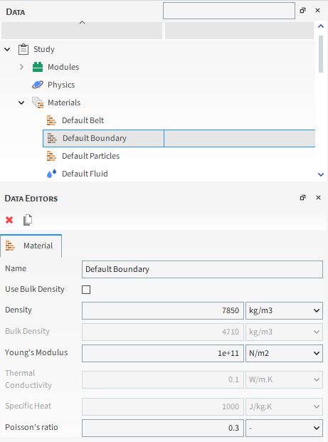 Default Material parameters in the Data Editors panel