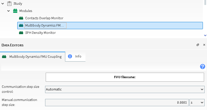 Options in the Data Editors panel when the Multibody Dynamics FMU Coupling is enabled