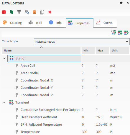 New wall properties are shown in the Data Editors panel when the SPH HTC Calculator module is enabled.