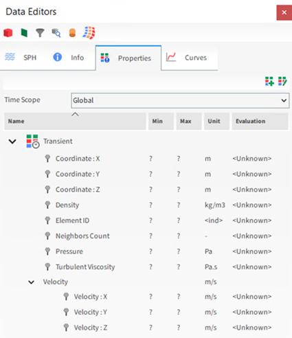 SPH Properties options on the Data Editors panel