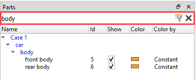 Part list filtered by text