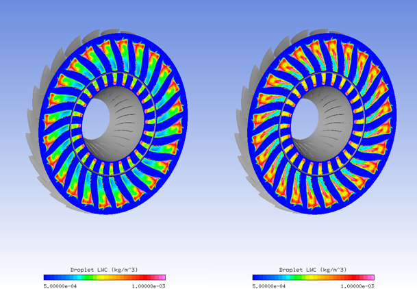 Comparison at the Fan Exit of LWC Before (Left) and After (Right) Accounting for Film Reinjection of Fan and Spinner Walls.