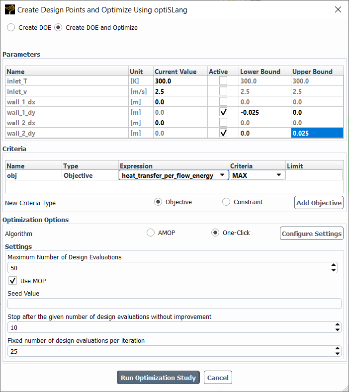 The Create Design Points and Optimize Using optiSLang Dialog Box