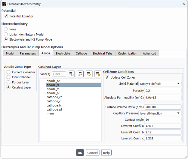 Potential/Electrochemistry Dialog Box - Anode Catalyst Layer