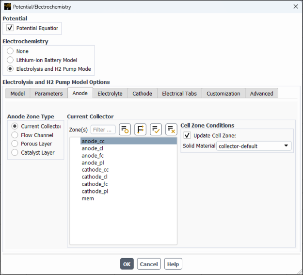 Potential/Electrochemistry Dialog Box - Anode Collector