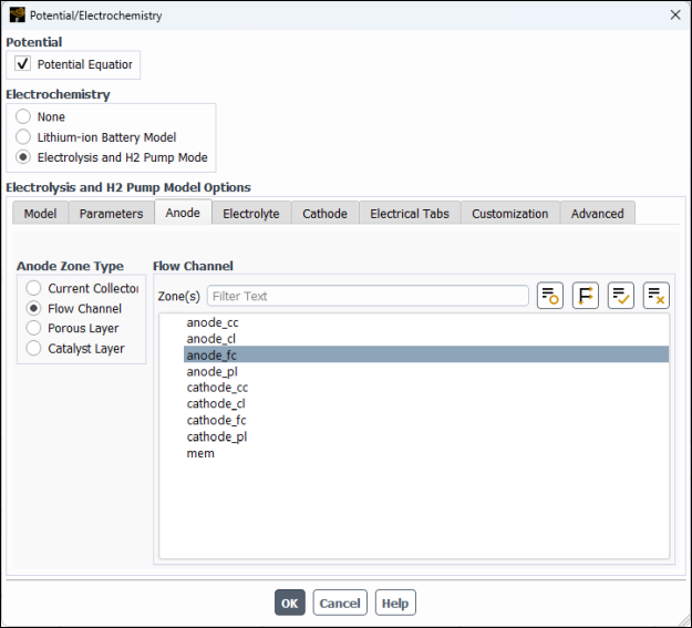 Potential/Electrochemistry Dialog Box - Anode Flow Channel