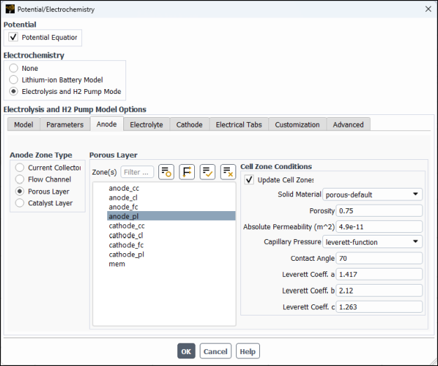 Potential/Electrochemistry Dialog Box - Anode Porous Layer