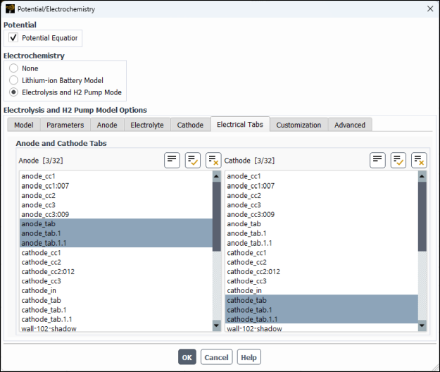 Potential/Electrochemistry Dialog Box - Electrolyte Tab