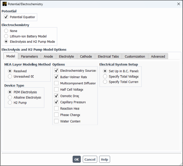 Potential/Electrochemistry Dialog Box - Model Tab