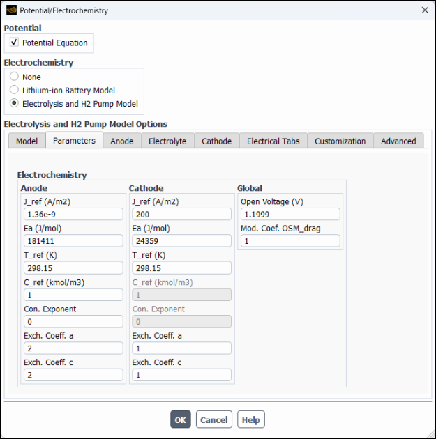 Potential/Electrochemistry Dialog Box - Parameters Tab