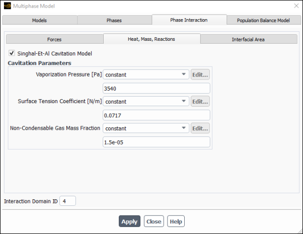 The Multiphase Model Dialog Box - Heat, Mass, Reactions Tab