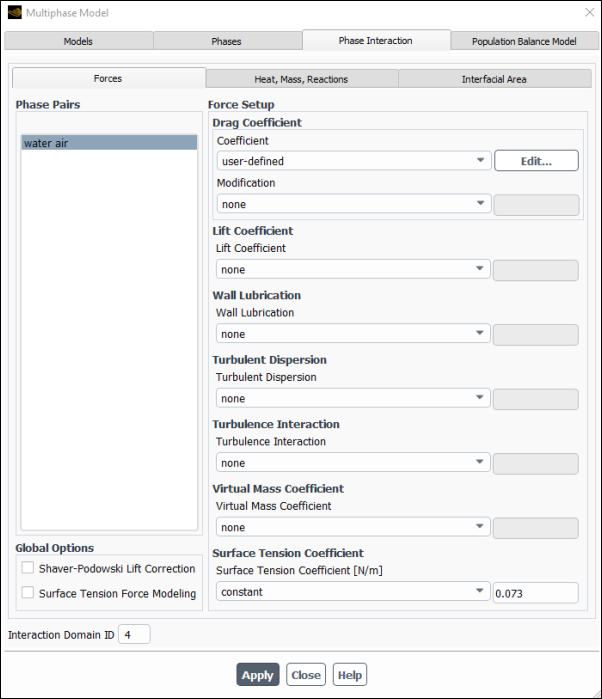 The Multiphase Model Dialog Box - Forces Tab