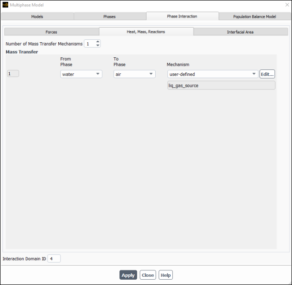 The Multiphase Model Dialog Box - Heat, Mass, Reactions Tab