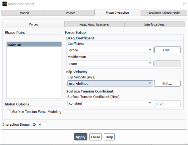 The Multiphase Model Dialog Box - Force Tab