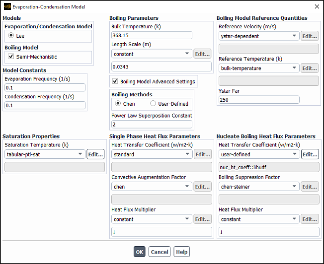 The Evaporation-Condensation Model Dialog Box