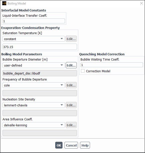 The Boiling Model Dialog Box