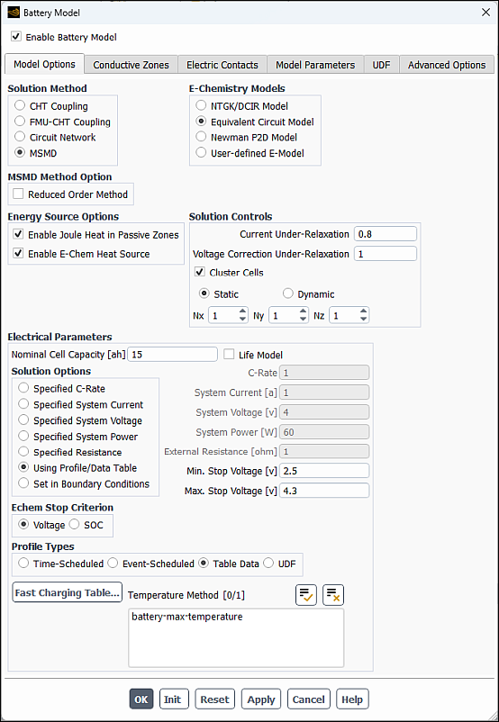 The Battery Model Dialog Box (Model Options Tab)