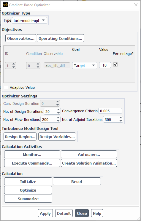 Gradient-Based Optimizer Dialog Box