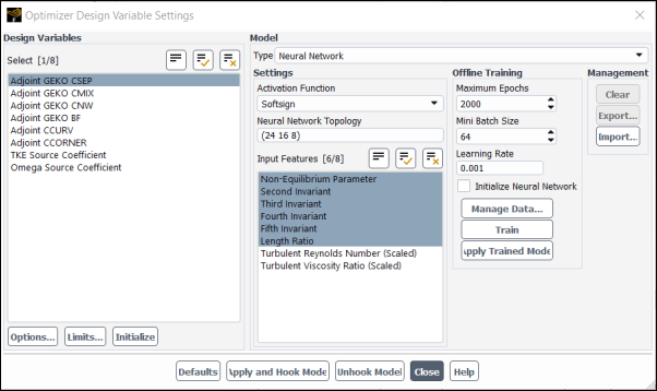 Optimizer Design Variable Settings Dialog Box