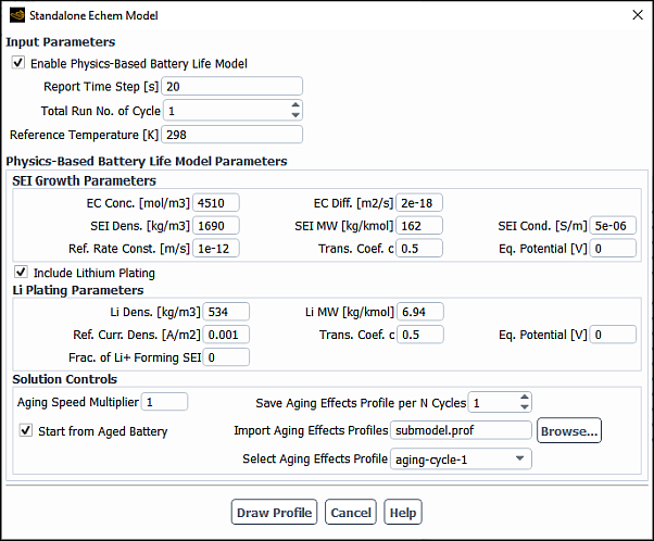 The Standalone Echem Model Dialog Box (Battery Life Model)