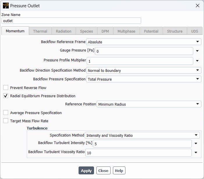 The Pressure Outlet Dialog Box