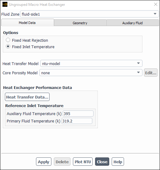 The Ungrouped Macro Heat Exchanger Dialog Box Displaying the Model Data Tab