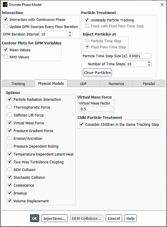The Discrete Phase Model Dialog Box - Physical Models Tab