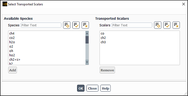 The Select Transported Scalars Dialog Box