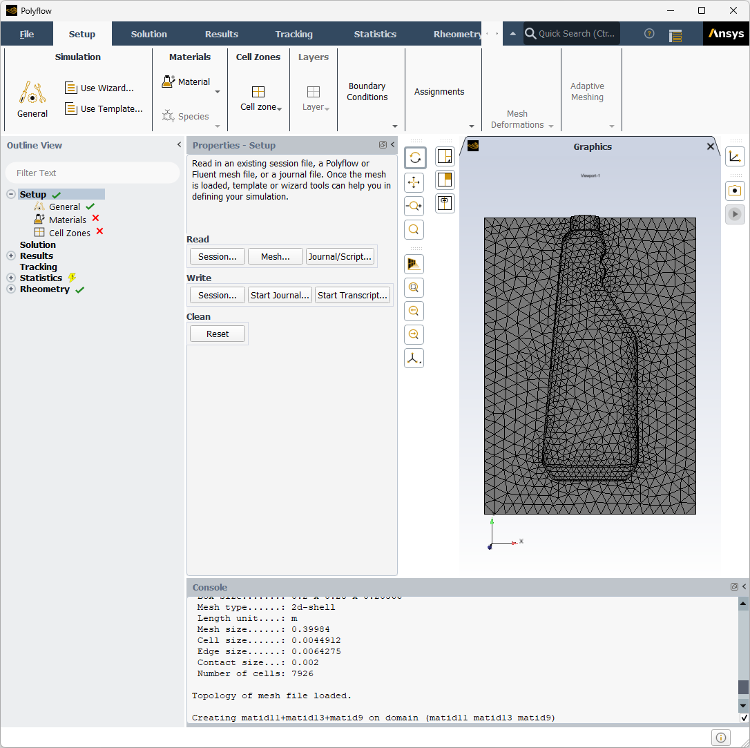 The Polyflow Workspace With the Bottle and Parison Mesh