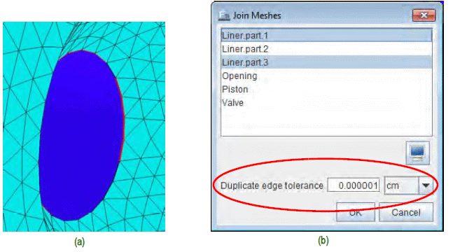 (a) Red edges indicate a leak in the surfaces that define a watertight mesh. (b) Relaxing duplicate edge tolerance in a mesh join often repairs this issue