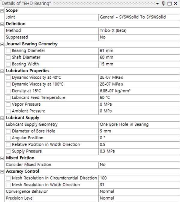 EHD Bearing parameters for co-simulation with Tribo-X