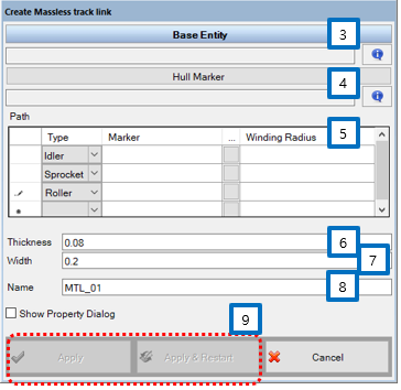 Massless Track Link entity creation dialog