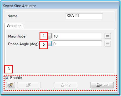 Swept-Sine Actuator property dialog