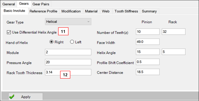 Basic Involute tab for the Rack and Pinion gear set