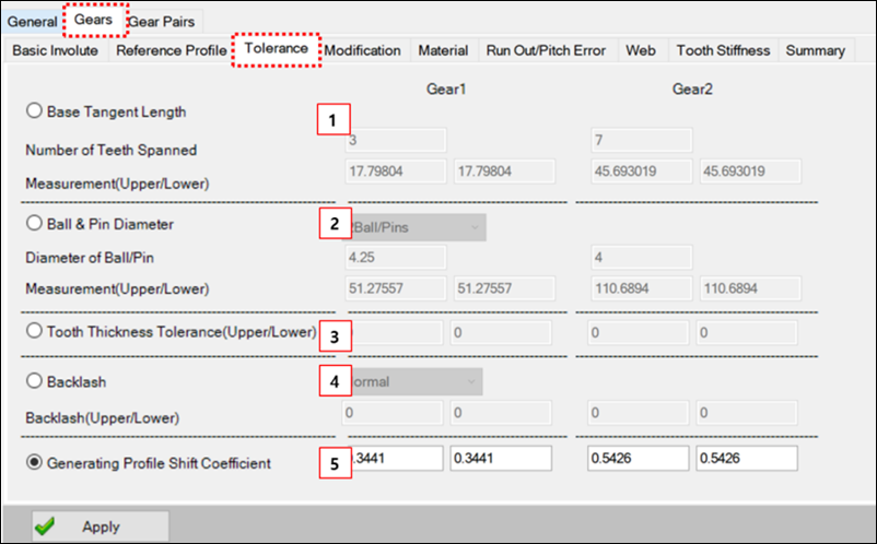 Tolerance tab for External, Internal - Involute and Single Pinion Planetary gear set