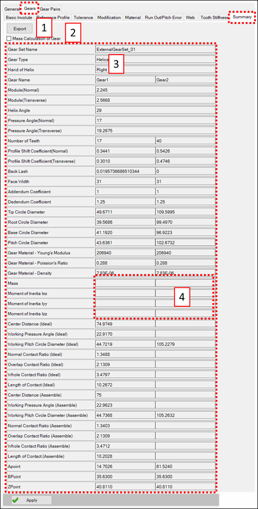 Gear set designer Summary tab