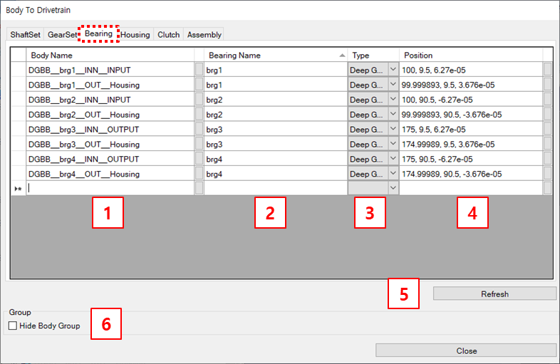 Bearing tab parameters for Body To DT