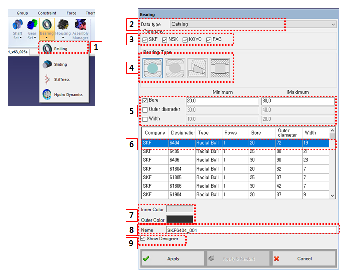 Rolling bearing (Catalog) creation dialog