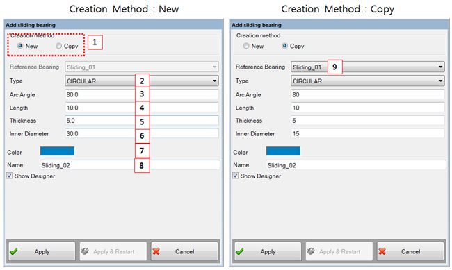 Sliding bearing creation dialog