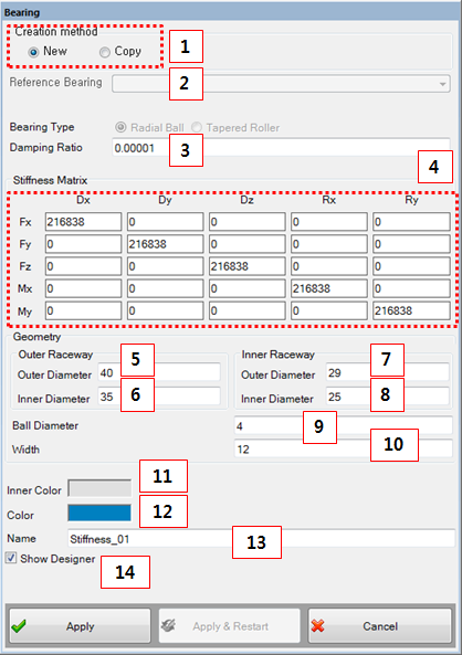 Stiffness bearing creation dialog