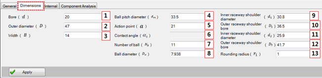 Angular contact ball bearing Dimensions tab