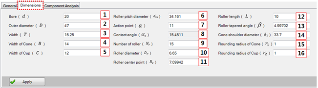 Dimensions tab in Tapered Roller Bearing designer