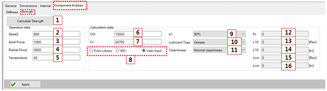 Component Analysis tab in the Tapered roller bearing designer (Strength)